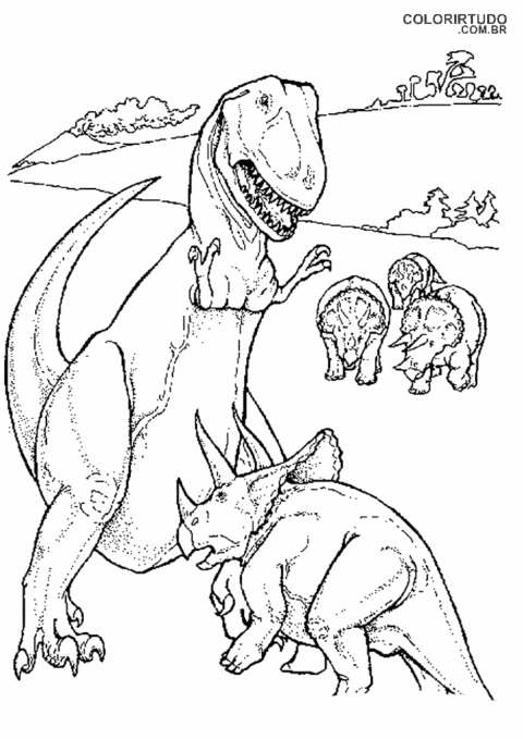 Desenho de dinossauro para colorir t rex e triceratops lutando para imprimir