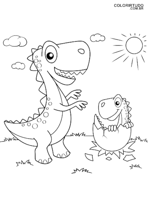 Desenho de dinossauro para colorir t rex mãe com filho no ovo para imprimir