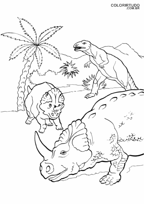 Coloriage de dinosaure tricératops fuyant le t rex à imprimer