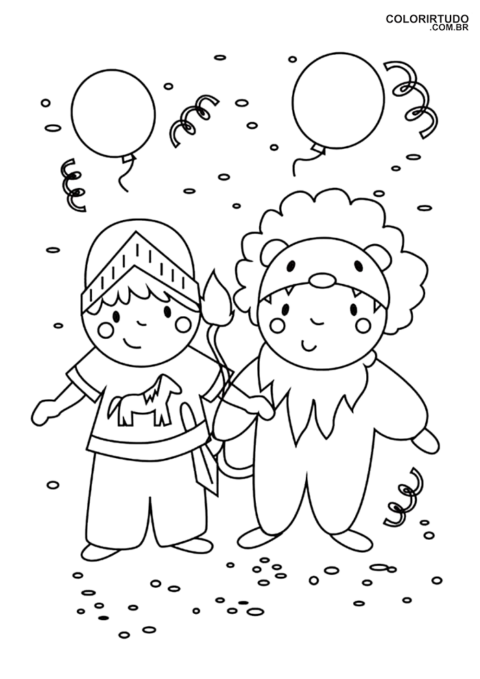 Desenho para colorir carnaval dois meninos fantasia cavaleiro leao para imprimir