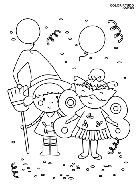 Desenho para colorir carnaval meninas fantasia bruxa borboleta para imprimir