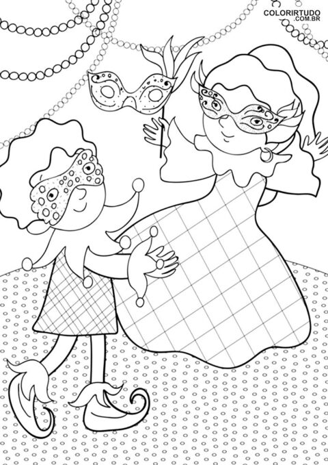 Desenho para colorir carnaval menino menina mascarados divertindo para imprimir