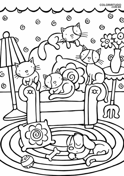 Katze und Hund ausmalbilder Katze und Hund Sessel und Teppich mit Lampe und flauschigem Blumenpad zum Drucken