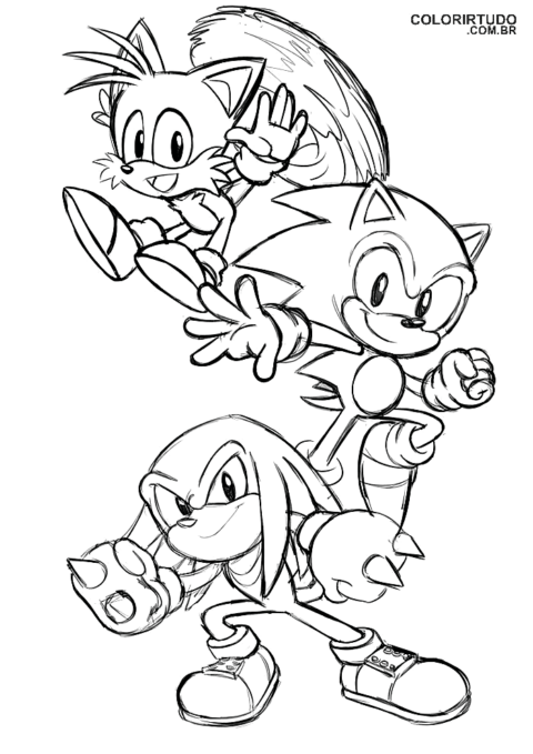 Ausmalbild „Sonic Tails and Knuckles“ zum Ausdrucken