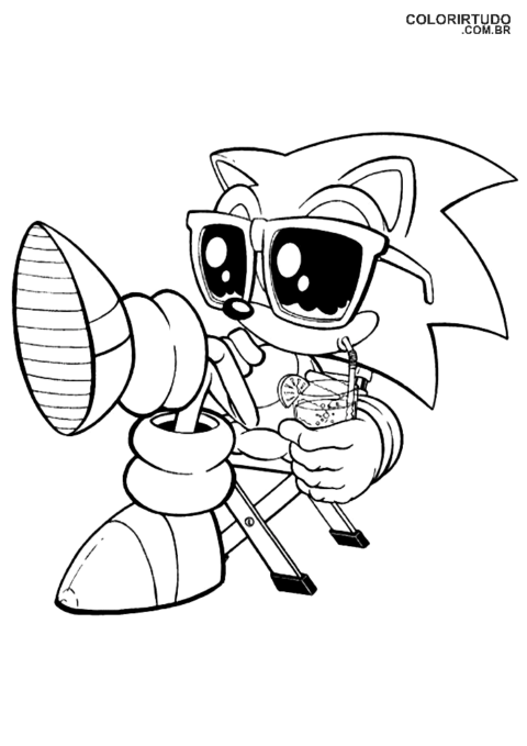 Desenho para colorir do Sonic de férias óculos escuro drink para imprimir