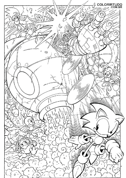 Desenho para colorir do Sonic em combate luta para imprimir