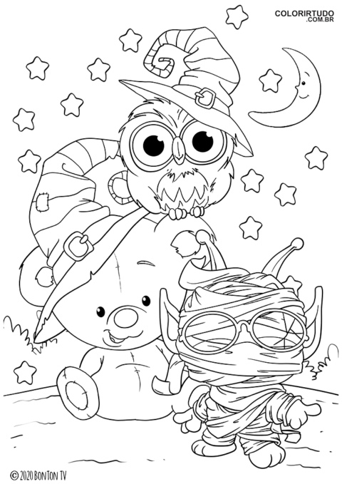 Halloween Malvorlagen Teddybären als Hexe und Alien mit Eule gekleidet