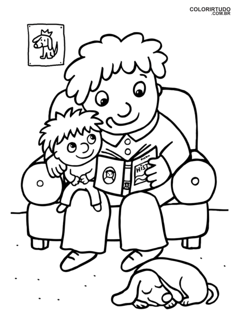 vaderdag kleurplaten vader in fauteuil leest voor aan zijn zoon afdrukbaar