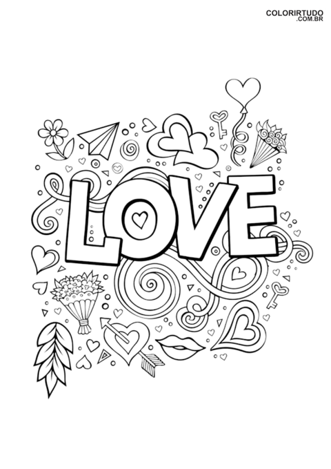 Valentijnsdag kleurplaten woord liefde omringd door gepassioneerde items