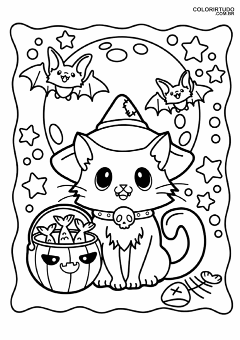 Desenho Kawaii Halloween Colorir Imprimir Gato Gostosuras Ou Travessuras
