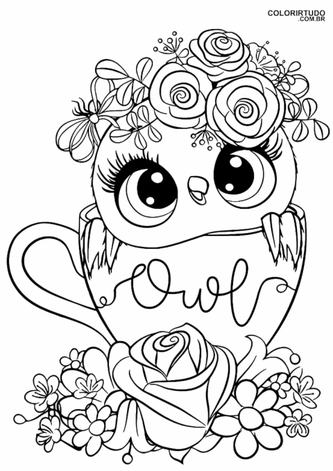 컵에 올빼미 올빼미 초안 색칠 페이지