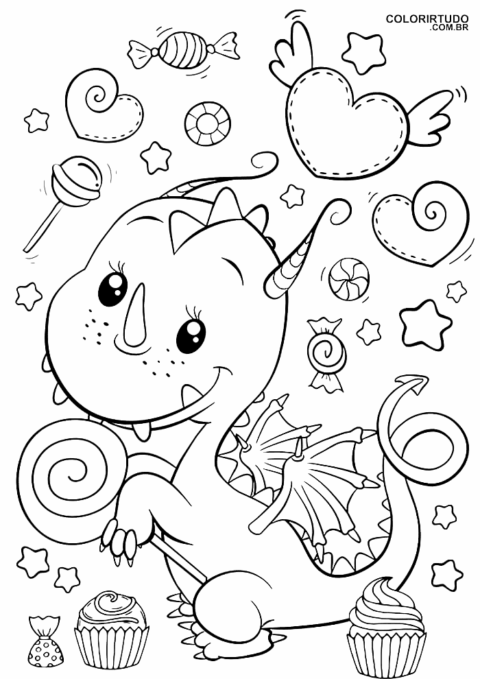 Kawaii Dragon And Sweets Coloring Page
