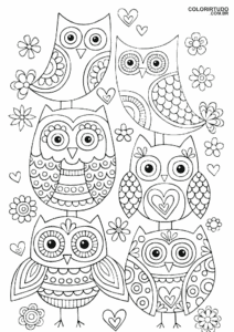 Página para colorear de la familia de búhos kawaii