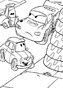 Página para colorear de Rayo McQueen, Guido y Luigi
