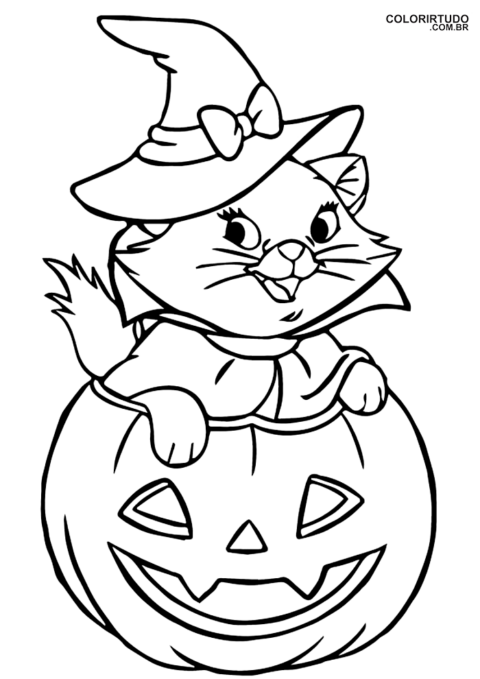 Desenhos De Halloween Disney Para Colorir Gatinha Marie Fantasiada De Bruxa Dentro Da Lanterna De Abobora