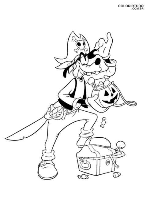 Desenhos De Halloween Disney Para Colorir Pateta Fantasiado De Pirata Com Seu Bau De Doces