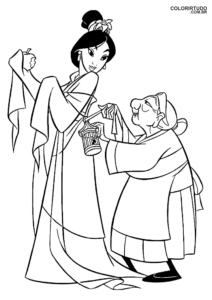 Coloriage de Mulan et de cricket chanceux